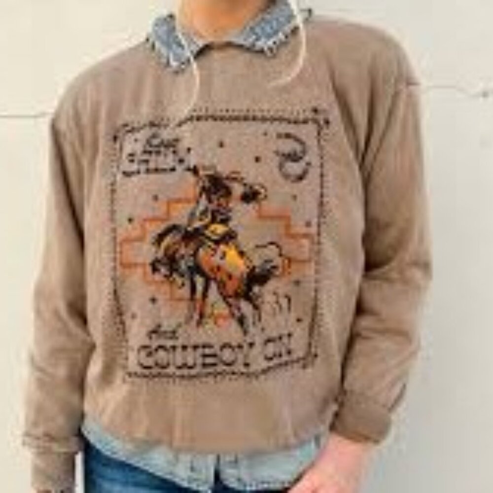 NWOT HRT & LUV Taupe Keep Calm & Cowboy On Sweatshirt